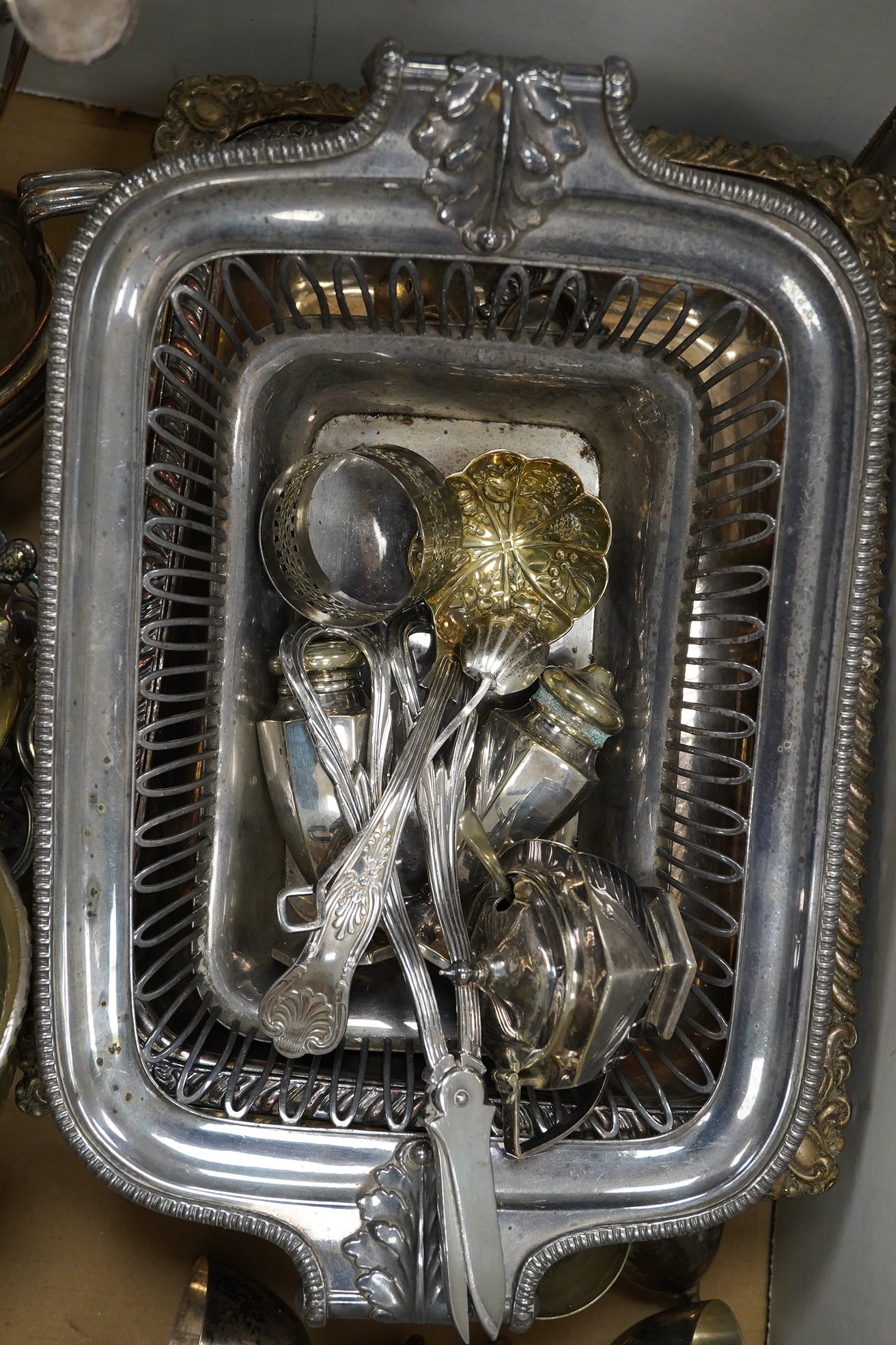 A quantity of silver plate to include a vesta, cruet, cutlery, tureen, etc. Condition - fair